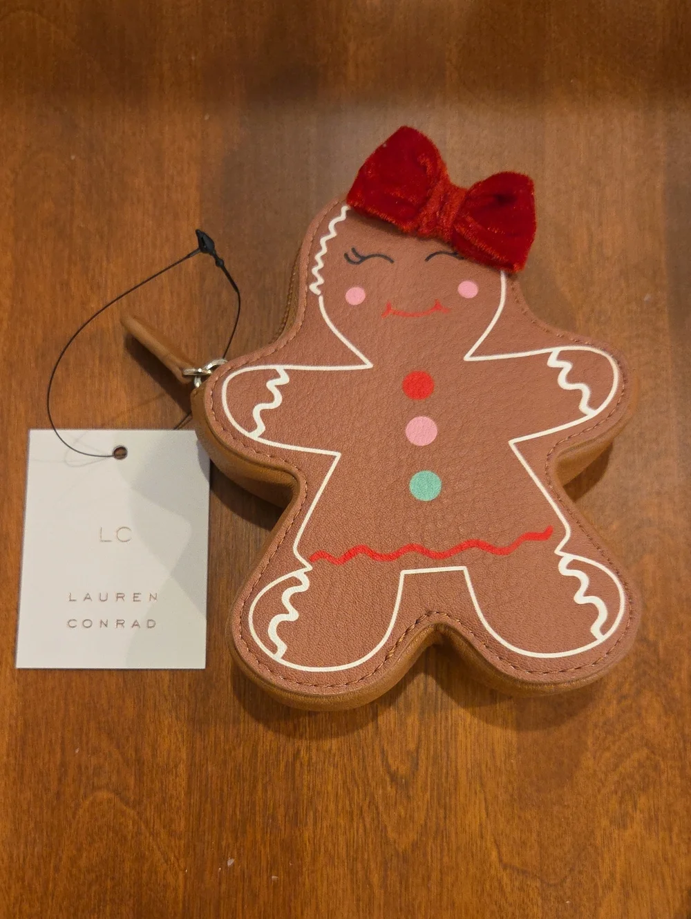 LC Lauren Conrad Brown Gingerbread Girl Coin Purse with Red Bow